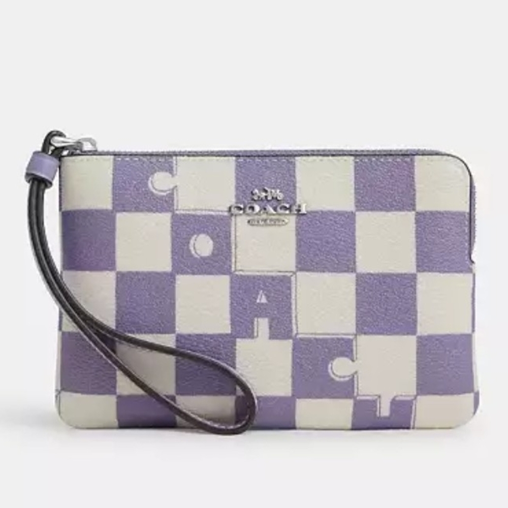 💜Coach Corner Zip Wristlet with Violet Checkerboard Print